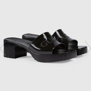 Gucci Black Patent Block Heel Slide Sandals